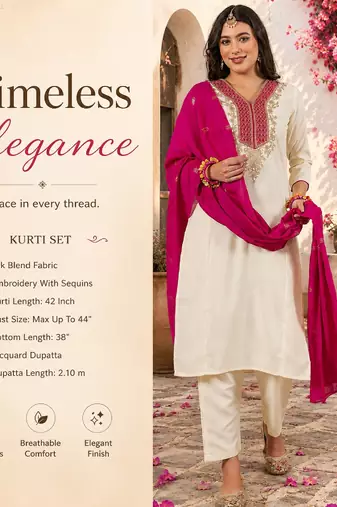 Women's off white straight embroidered silk blend kurta set with dupatta and pant