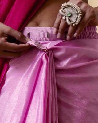 pre stitched Pink georgette woven saree with zari work 2