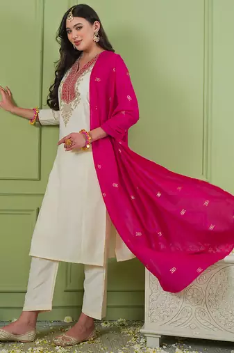 Women's off white straight embroidered silk blend kurta set with dupatta and pant