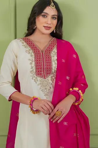 Women's off white straight embroidered silk blend kurta set with dupatta and pant
