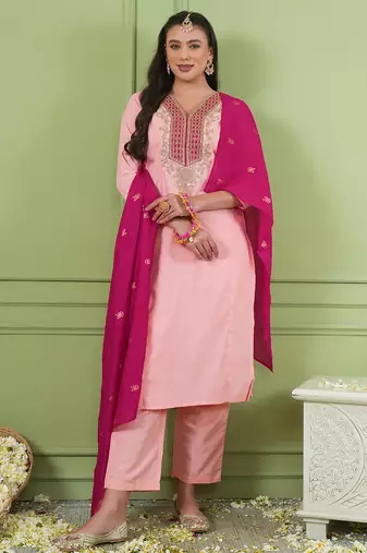 Women's peach straight embroidered silk blend kurta set with dupatta and pant
