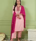 Women's peach straight embroidered silk blend kurta set with dupatta and pant