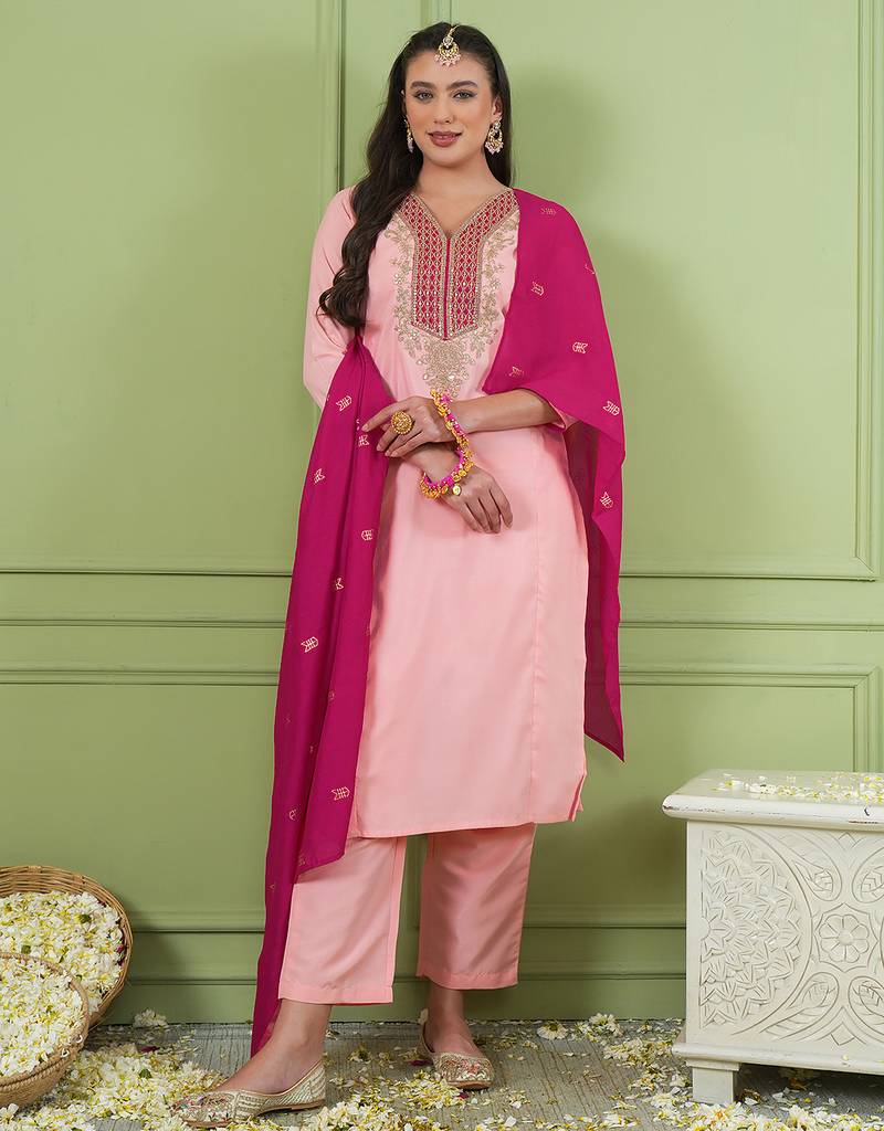 Women's peach straight embroidered silk blend kurta set with dupatta and pant