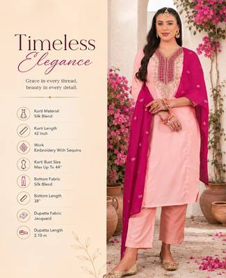 Women's peach straight embroidered silk blend kurta set with dupatta and pant 2