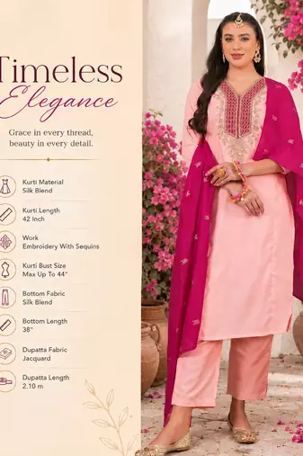 Women's peach straight embroidered silk blend kurta set with dupatta and pant