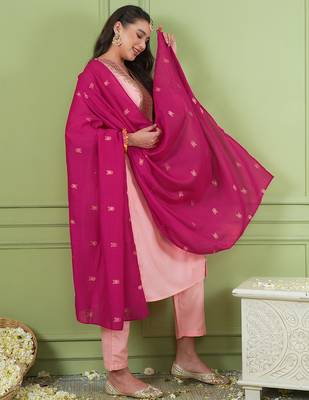 Women's peach straight embroidered silk blend kurta set with dupatta and pant 3