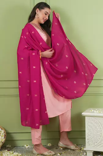 Women's peach straight embroidered silk blend kurta set with dupatta and pant