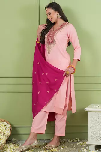 Women's peach straight embroidered silk blend kurta set with dupatta and pant
