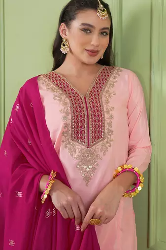 Women's peach straight embroidered silk blend kurta set with dupatta and pant