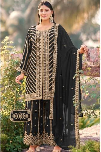 Black wedding special sequence work suit set with purse