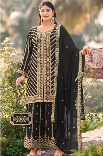 Black wedding special sequence work suit set with purse