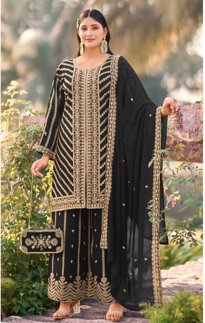 Black wedding special sequence work suit set with purse