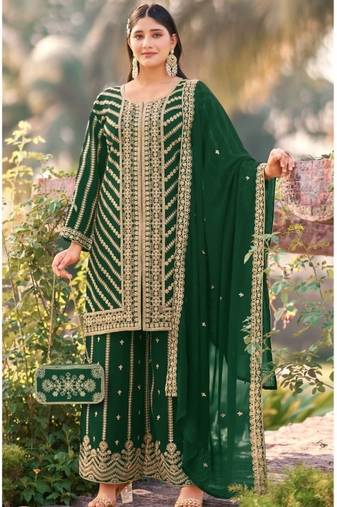 Green wedding special sequence work suit set with purse