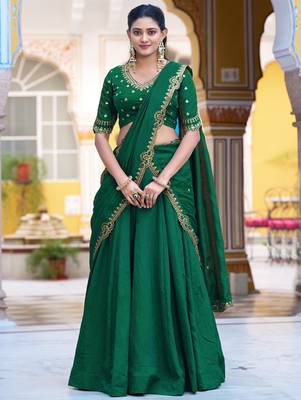 Green Pink Thread Work Silk Mehendi Wear Lehenga Choli 1