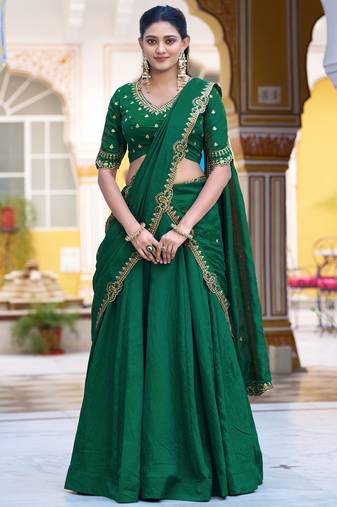 Green Pink Thread Work Silk Mehendi Wear Lehenga Choli