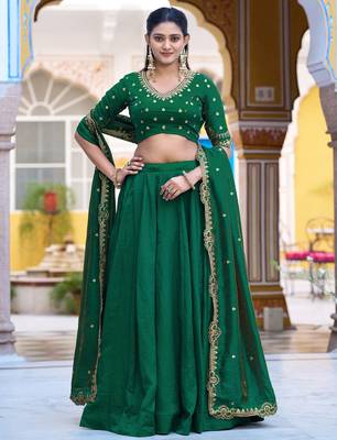 Green Pink Thread Work Silk Mehendi Wear Lehenga Choli 2