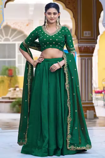 Green Pink Thread Work Silk Mehendi Wear Lehenga Choli