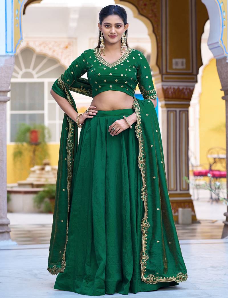 Green Pink Thread Work Silk Mehendi Wear Lehenga Choli