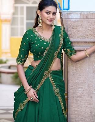 Green Pink Thread Work Silk Mehendi Wear Lehenga Choli 3
