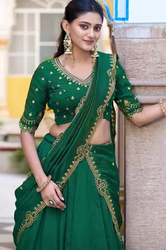 Green Pink Thread Work Silk Mehendi Wear Lehenga Choli
