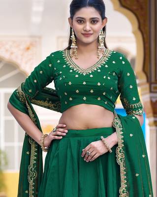 Green Pink Thread Work Silk Mehendi Wear Lehenga Choli 4
