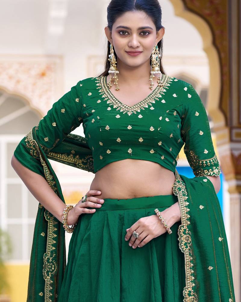 Green Pink Thread Work Silk Mehendi Wear Lehenga Choli