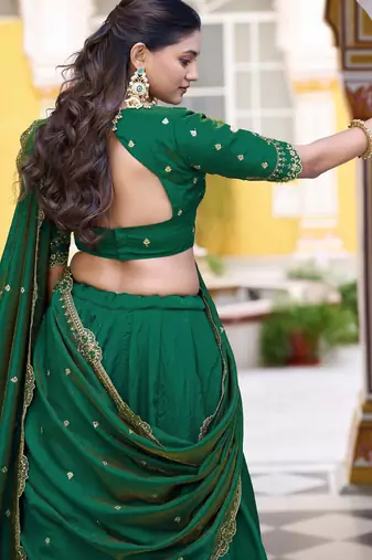 Green Pink Thread Work Silk Mehendi Wear Lehenga Choli