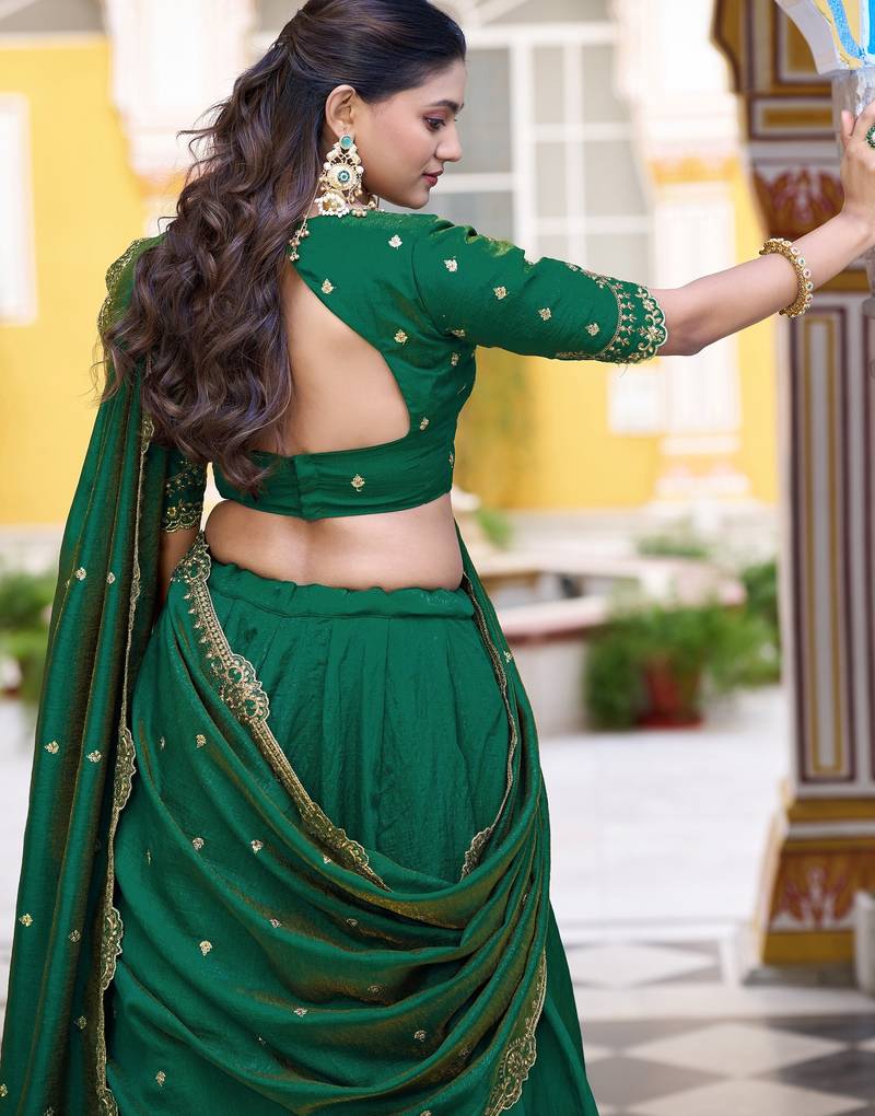 Green Pink Thread Work Silk Mehendi Wear Lehenga Choli