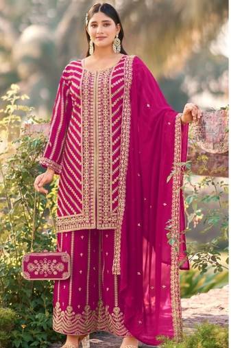 Pink wedding special sequence work suit set with purse