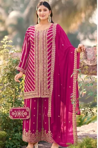 Pink wedding special sequence work suit set with purse