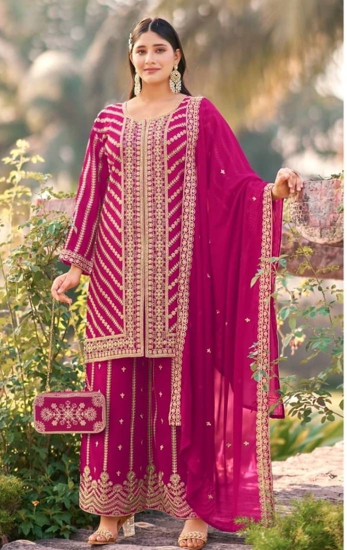 Pink wedding special sequence work suit set with purse