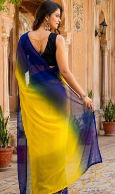 pre stitched Yellow georgette woven saree with zari work 2