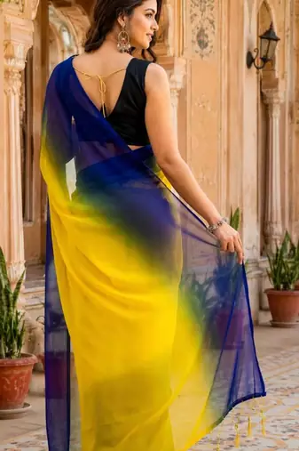 pre stitched Yellow georgette woven saree with zari work