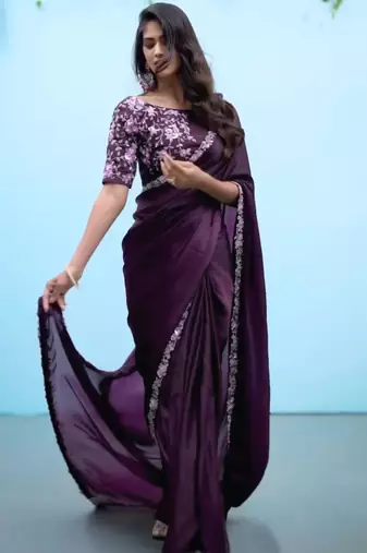 Purple silk blend embroidered saree with sequins work