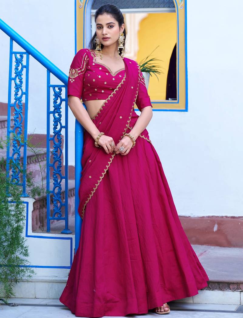 Rani Pink Embroidered Silk Traditional Lehenga Choli With Dupatta