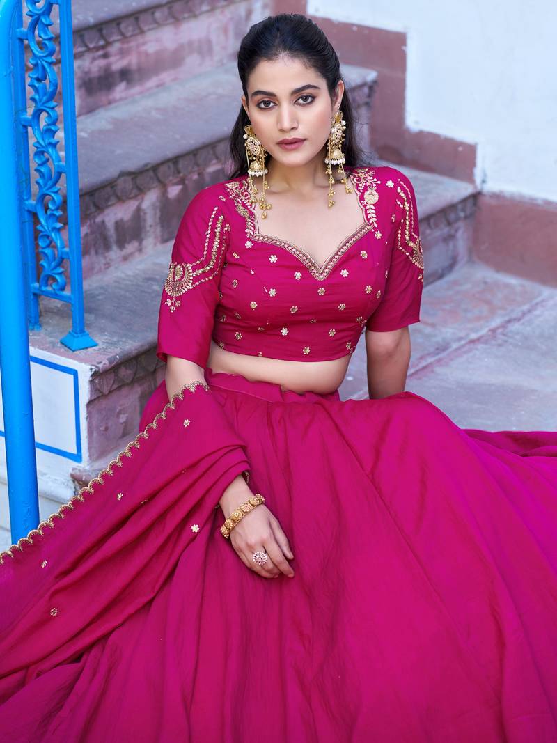 Rani Pink Embroidered Silk Traditional Lehenga Choli With Dupatta