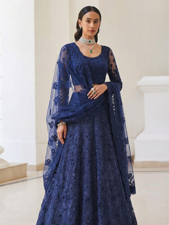 Blue Butterfly Net fabric with Embroidered, Resham, Sequence, Thread work Lehengas For Your Wedding Look