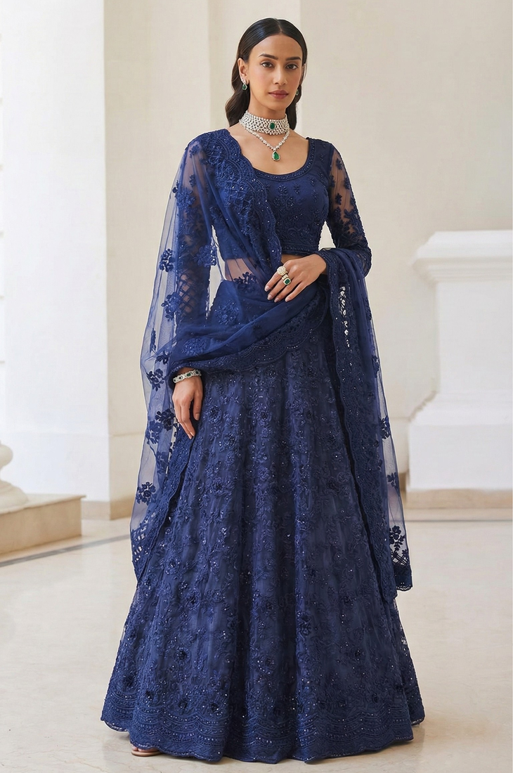Blue Butterfly Net fabric with Embroidered, Resham, Sequence, Thread work Lehengas For Your Wedding Look