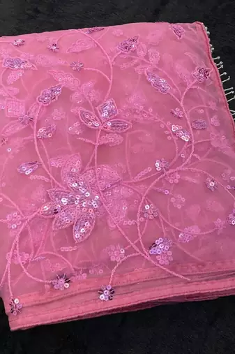Pink Color Thread Embroidery And Sequince Work Net Saree
