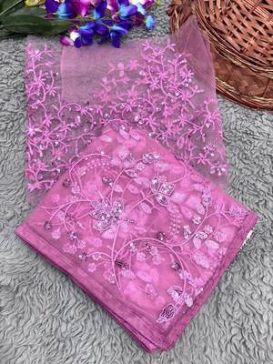 Pink Color Thread Embroidery And Sequince Work Net Saree 4