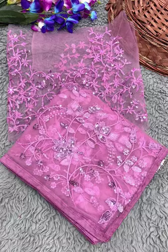 Pink Color Thread Embroidery And Sequince Work Net Saree