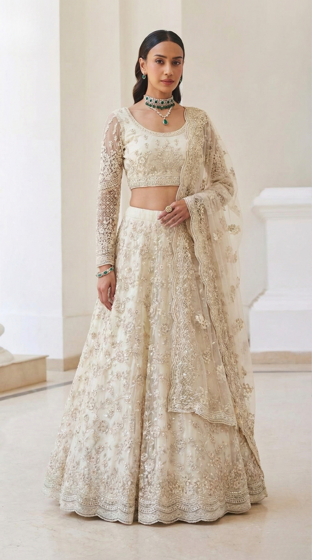 Off White Butterfly Net fabric with Embroidered, Resham, Sequence, Thread work Lehengas For Your Wedding Look