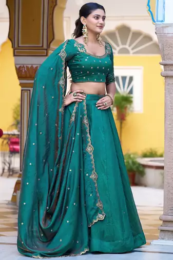 Teal Green Silk Event Wear Lehenga With Sequins Blouse