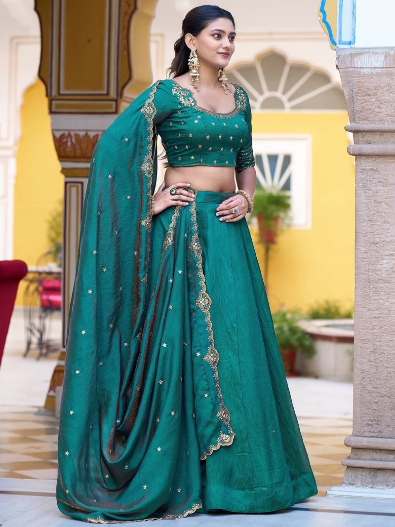 Teal Green Silk Event Wear Lehenga With Sequins Blouse