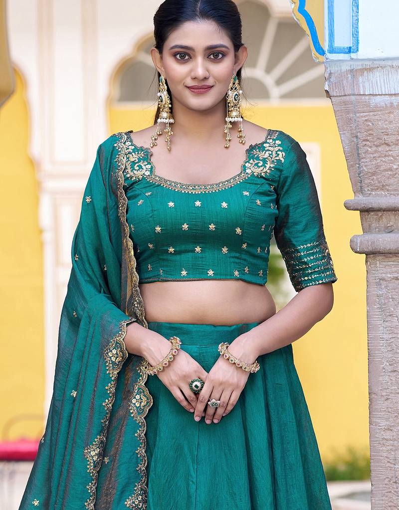 Teal Green Silk Event Wear Lehenga With Sequins Blouse
