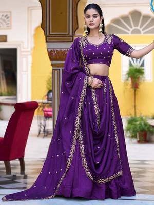 Purple Thread Work Silk Wedding Wear Lehenga Choli With Dupatta 1