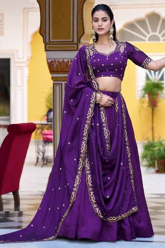 Purple Thread Work Silk Wedding Wear Lehenga Choli With Dupatta