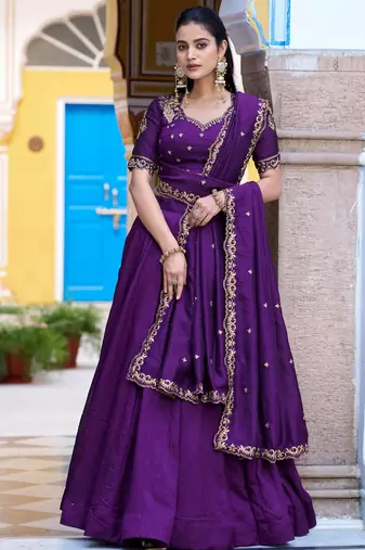Purple Thread Work Silk Wedding Wear Lehenga Choli With Dupatta