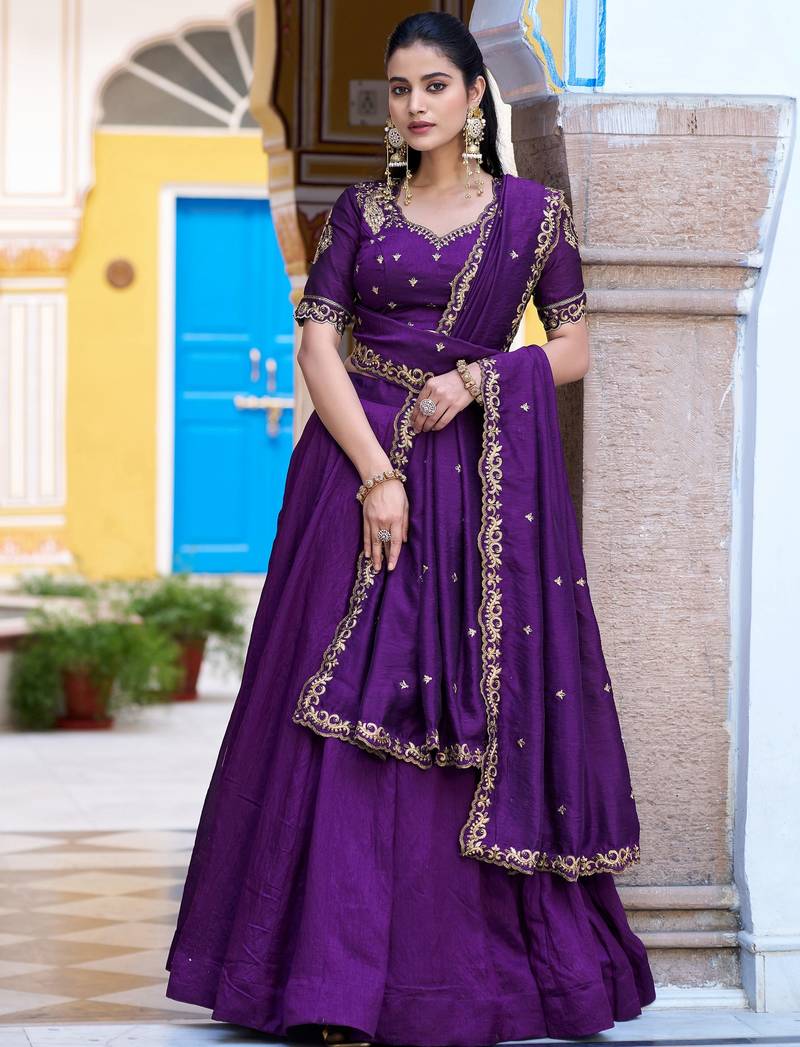 Purple Thread Work Silk Wedding Wear Lehenga Choli With Dupatta