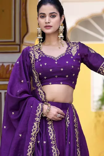 Purple Thread Work Silk Wedding Wear Lehenga Choli With Dupatta